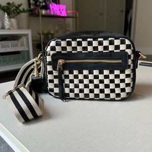 Checkerboard and Striped Adjustable Strap Crossbody Purse with Zipper Pockets